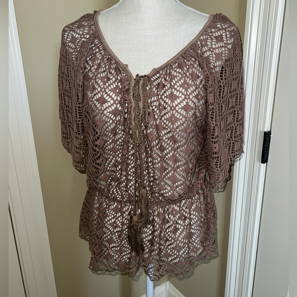 Daytrip Mocha Elastic Waist Blouson Blouse Top Womens Size M Sheer Sleeves